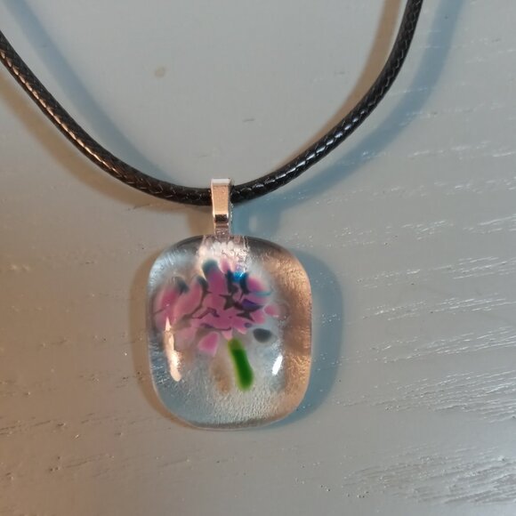 One of a kind artisan made purple bright blue abstract flower pendant necklace - Picture 3 of 8